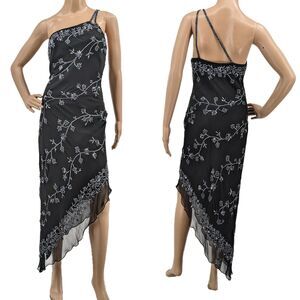 Vintage 1990s y2k Scala Evening Dress Mini Black Floral Beaded Fairycore Siren M